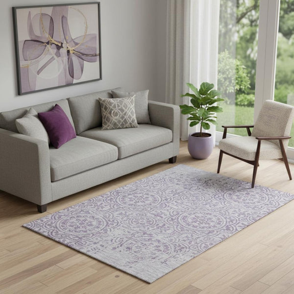 HomeRoots 5' X 8' Lavender & Ivory Medallion Area Rug - Washable, UV Protected, Stylish for Any Space 663685