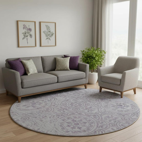 HomeRoots 8' Lavender Medallion Round Rug - Washable, UV Protected, Durable, Elegant Design for Busy Homes 663686