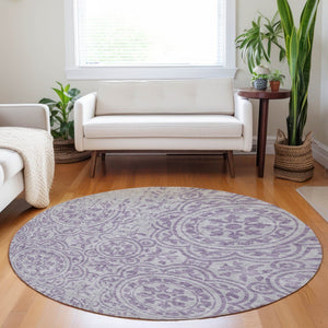 HomeRoots 8' Lavender Medallion Round Rug - Washable, UV Protected, Durable, Elegant Design for Busy Homes 663686