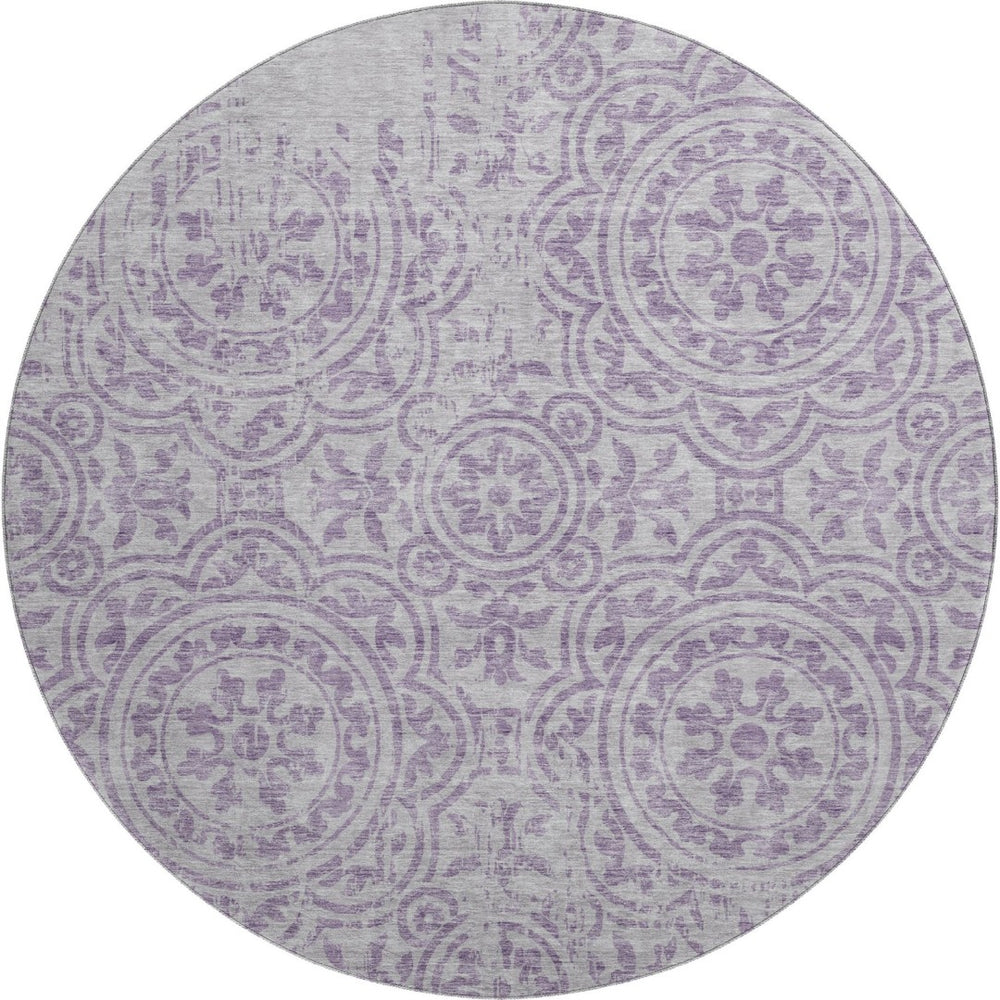 HomeRoots 8' Lavender Medallion Round Rug - Washable, UV Protected, Durable, Elegant Design for Busy Homes 663686