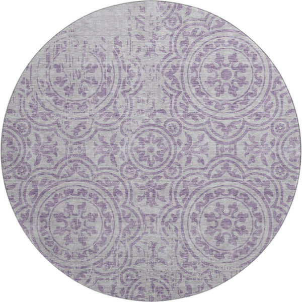 HomeRoots 8' Lavender Medallion Round Rug - Washable, UV Protected, Durable, Elegant Design for Busy Homes 663686