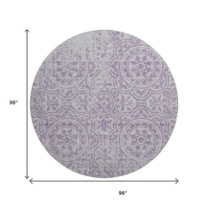 HomeRoots 8' Lavender Medallion Round Rug - Washable, UV Protected, Durable, Elegant Design for Busy Homes 663686