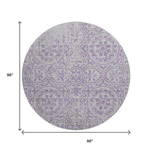 HomeRoots 8' Lavender Medallion Round Rug - Washable, UV Protected, Durable, Elegant Design for Busy Homes 663686