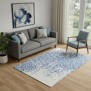 HomeRoots 5' X 8' Navy Blue Medallion Washable Area Rug - Durable, UV Protected & Stain Resistant for All Spaces 663691