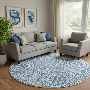 HomeRoots 8' Navy Blue and Ivory Medallion Round Rug - Washable, UV Protected, Perfect for Busy Homes! 663692