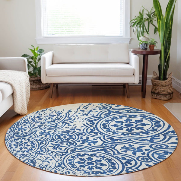 HomeRoots 8' Navy Blue and Ivory Medallion Round Rug - Washable, UV Protected, Perfect for Busy Homes! 663692