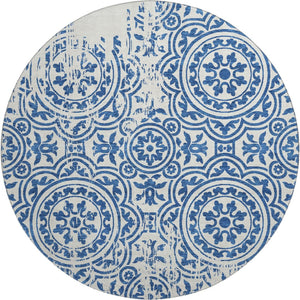 HomeRoots 8' Navy Blue and Ivory Medallion Round Rug - Washable, UV Protected, Perfect for Busy Homes! 663692