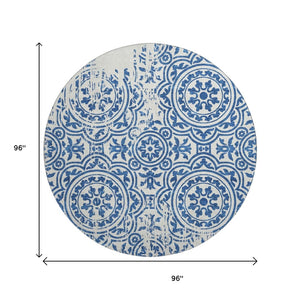 HomeRoots 8' Navy Blue and Ivory Medallion Round Rug - Washable, UV Protected, Perfect for Busy Homes! 663692