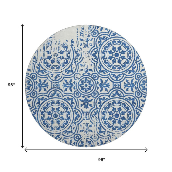 HomeRoots 8' Navy Blue and Ivory Medallion Round Rug - Washable, UV Protected, Perfect for Busy Homes! 663692