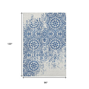 HomeRoots 8' X 10' Navy Blue & Ivory Medallion Area Rug – Washable, UV-Protected, Durable for High-Traffic Homes 663693