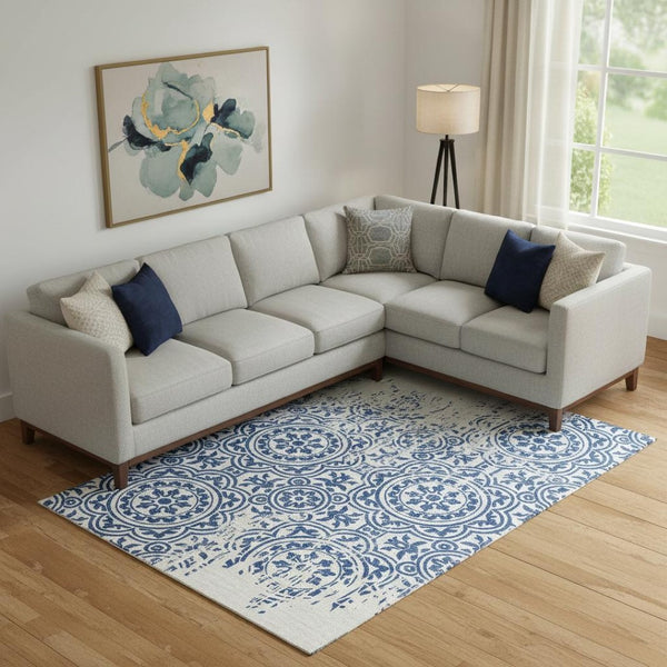 HomeRoots 8' X 10' Navy Blue & Ivory Medallion Area Rug – Washable, UV-Protected, Durable for High-Traffic Homes 663693