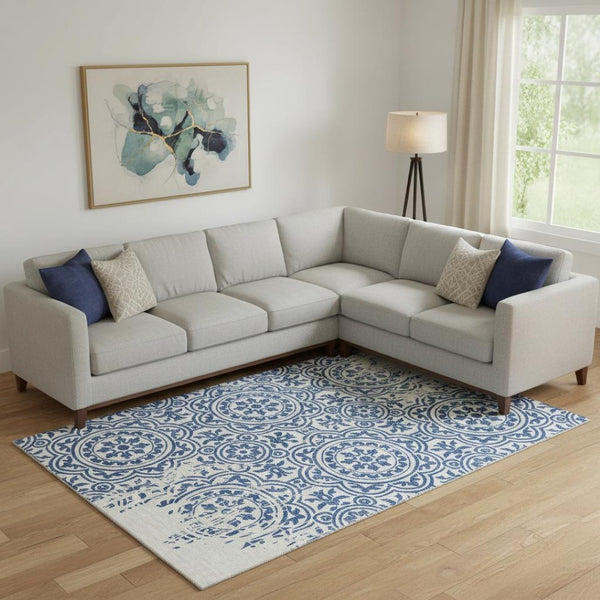 HomeRoots 9' X 12' Navy Blue Ivory Medallion Washable Area Rug - Stylish, Durable, UV Protected for Busy Homes 663694