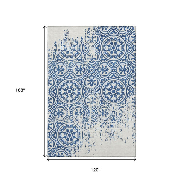HomeRoots 10' X 14' Navy Blue & Ivory Medallion Area Rug - Durable, Stain-Resistant, UV-Protected for All Homes 663695