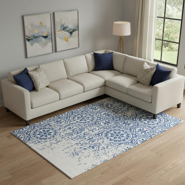 HomeRoots 10' X 14' Navy Blue & Ivory Medallion Area Rug - Durable, Stain-Resistant, UV-Protected for All Homes 663695