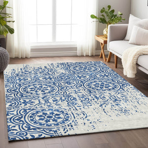 HomeRoots 10' X 14' Navy Blue & Ivory Medallion Area Rug - Durable, Stain-Resistant, UV-Protected for All Homes 663695