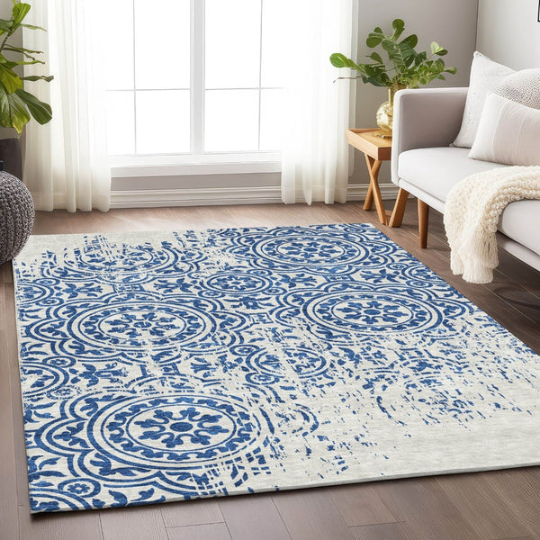 HomeRoots 10' X 14' Navy Blue & Ivory Medallion Area Rug - Durable, Stain-Resistant, UV-Protected for All Homes 663695