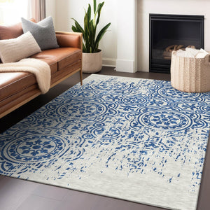 HomeRoots 10' X 14' Navy Blue & Ivory Medallion Area Rug - Durable, Stain-Resistant, UV-Protected for All Homes 663695