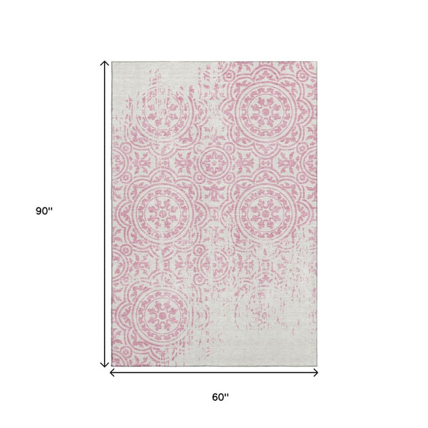 HomeRoots 5' Pink and Ivory Medallion Area Rug - Washable, UV Protected, Durable Design for Homes with Kids & Pets 663697