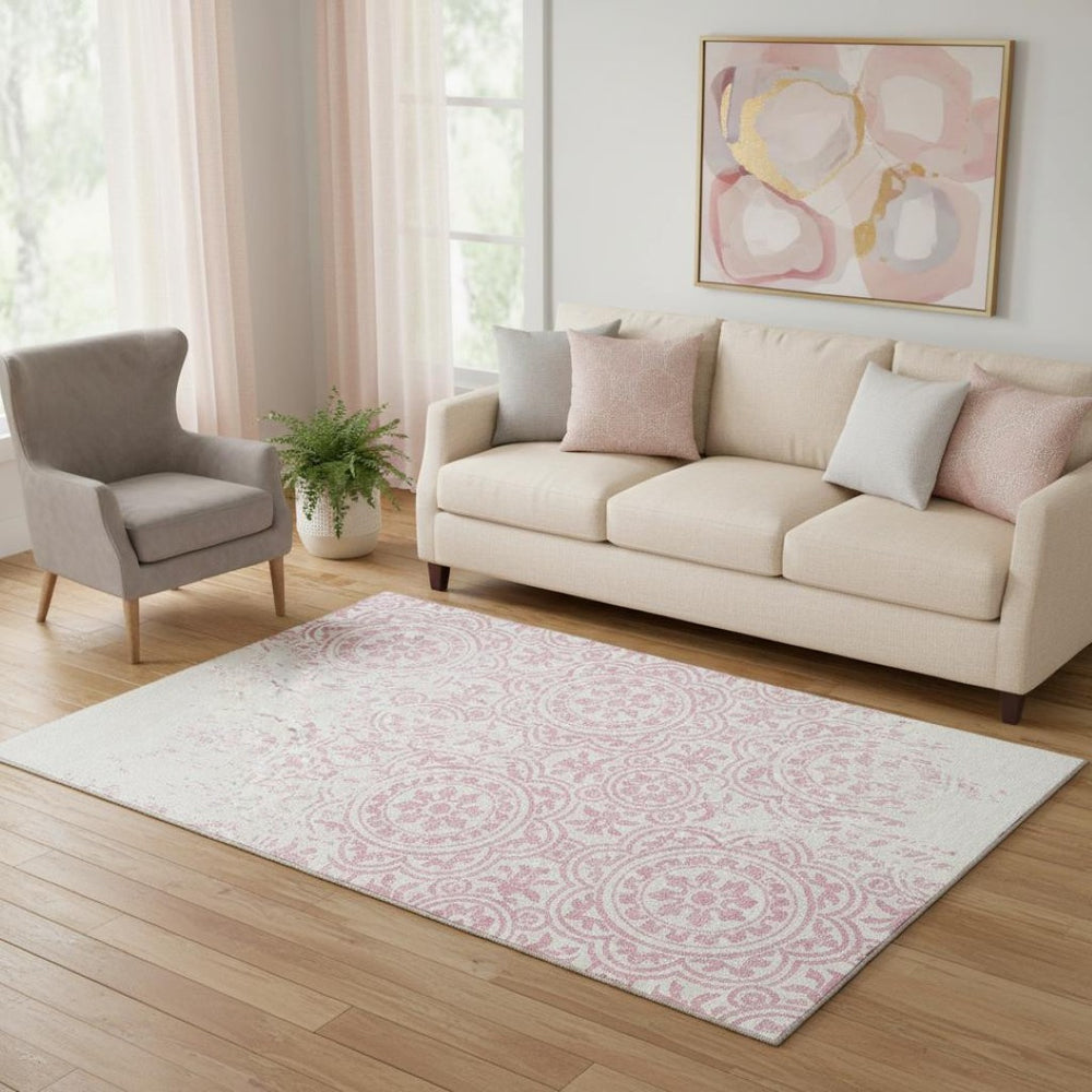 HomeRoots 5' Pink and Ivory Medallion Area Rug - Washable, UV Protected, Durable Design for Homes with Kids & Pets 663697