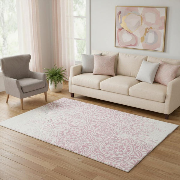 HomeRoots 5' Pink and Ivory Medallion Area Rug - Washable, UV Protected, Durable Design for Homes with Kids & Pets 663697