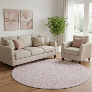 HomeRoots 8' Pink and Ivory Medallion Round Rug - Washable, UV Protected, Stain Resistant for Every Space! 663698