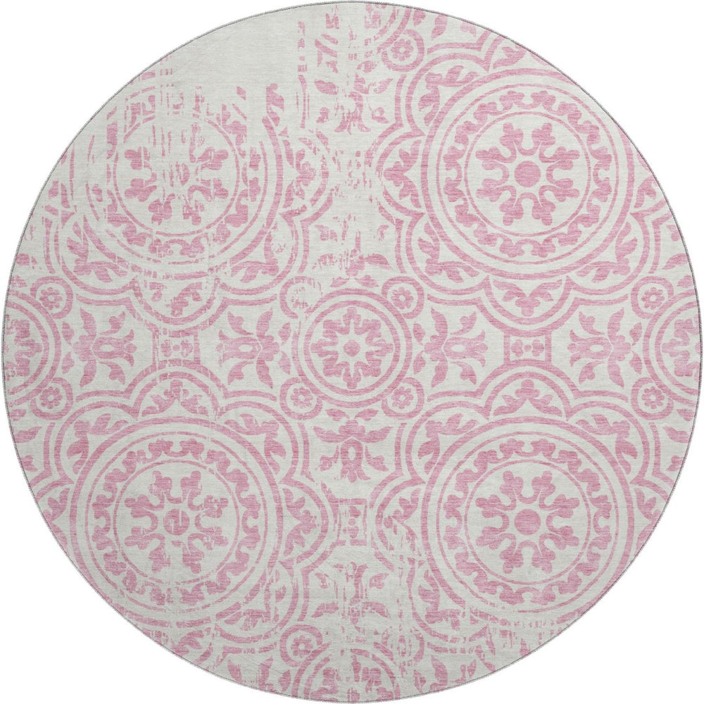 HomeRoots 8' Pink and Ivory Medallion Round Rug - Washable, UV Protected, Stain Resistant for Every Space! 663698
