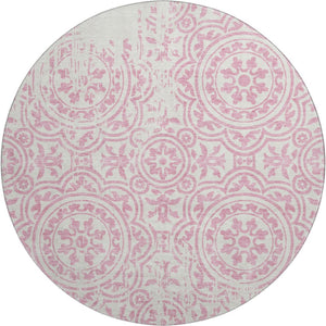 HomeRoots 8' Pink and Ivory Medallion Round Rug - Washable, UV Protected, Stain Resistant for Every Space! 663698