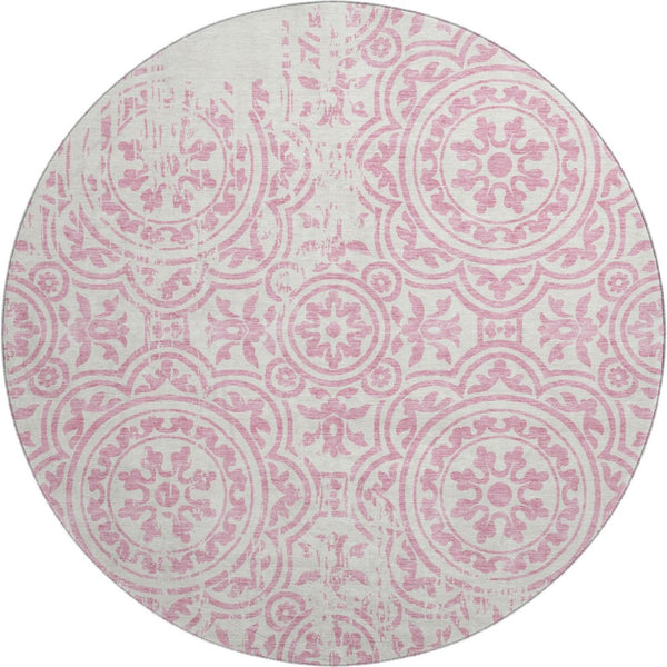 HomeRoots 8' Pink and Ivory Medallion Round Rug - Washable, UV Protected, Stain Resistant for Every Space! 663698