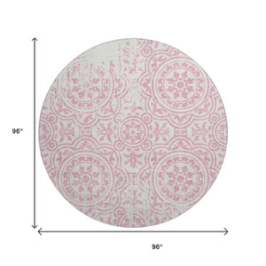 HomeRoots 8' Pink and Ivory Medallion Round Rug - Washable, UV Protected, Stain Resistant for Every Space! 663698