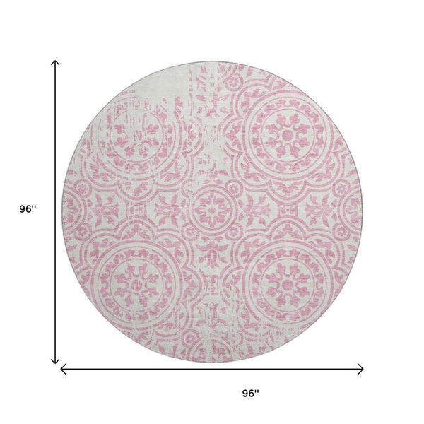 HomeRoots 8' Pink and Ivory Medallion Round Rug - Washable, UV Protected, Stain Resistant for Every Space! 663698
