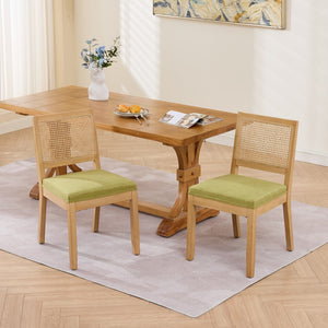 English Elm Farmhouse Rattan Back Dining Chairs Set of 2 with Linen Seat and Hardwood Legs Olive Green W1143P452936