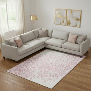 HomeRoots 9' X 12' Pink And Ivory Medallion Washable Area Rug - Stain Resistant, UV Protected, Stylish Design 663700