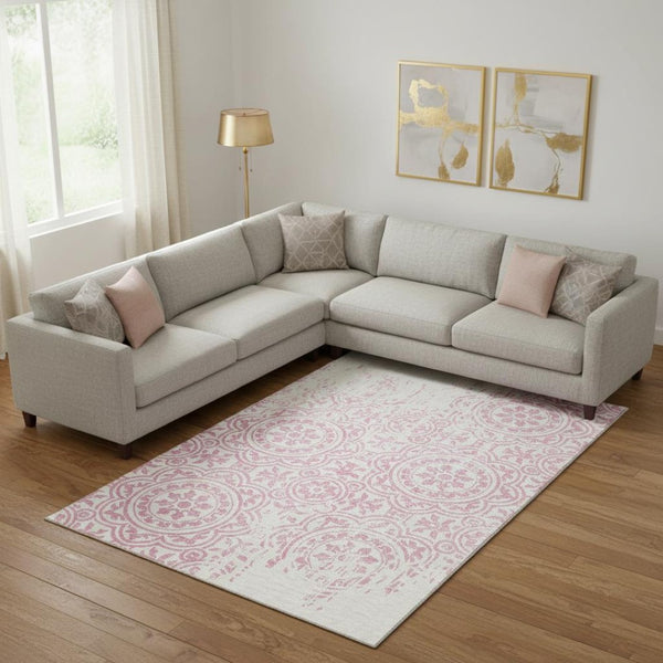 HomeRoots 9' X 12' Pink And Ivory Medallion Washable Area Rug - Stain Resistant, UV Protected, Stylish Design 663700