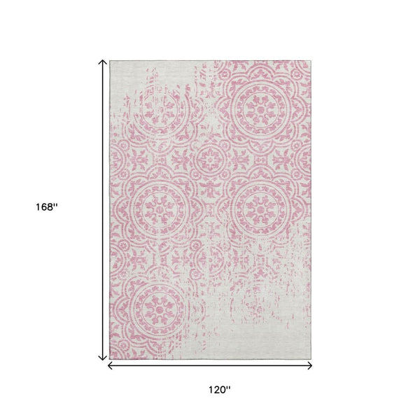 HomeRoots 10' X 14' Pink and Ivory Medallion Area Rug - Washable, UV Protected, Durable & Stylish Home Accent 663701