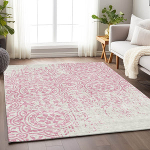 HomeRoots 10' X 14' Pink and Ivory Medallion Area Rug - Washable, UV Protected, Durable & Stylish Home Accent 663701