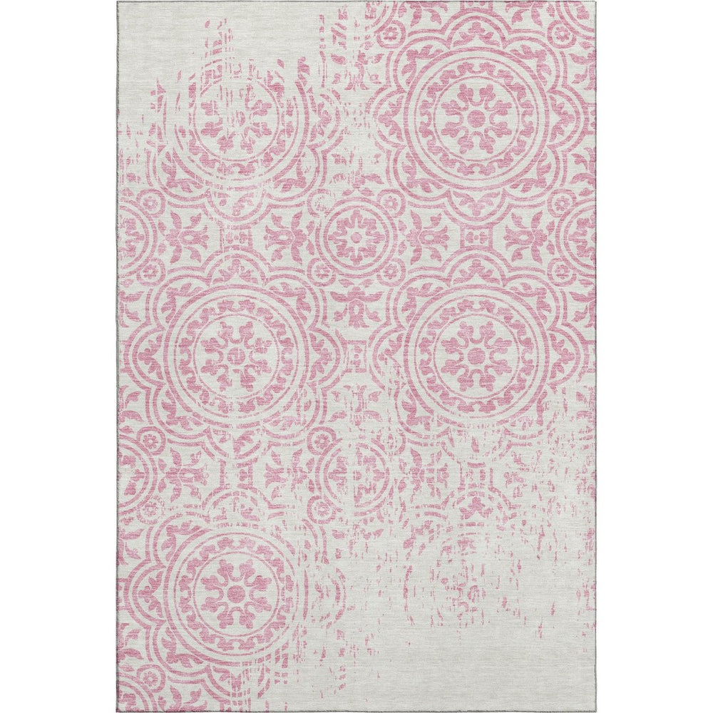 HomeRoots 10' X 14' Pink and Ivory Medallion Area Rug - Washable, UV Protected, Durable & Stylish Home Accent 663701