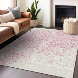 HomeRoots 10' X 14' Pink and Ivory Medallion Area Rug - Washable, UV Protected, Durable & Stylish Home Accent 663701