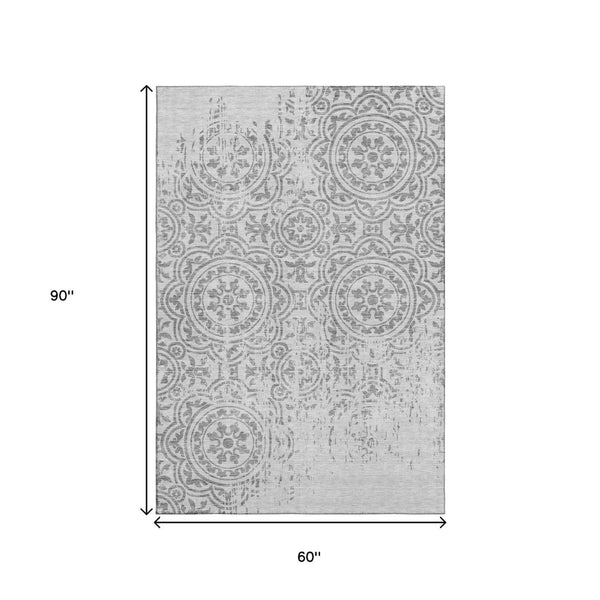 HomeRoots 5' X 8' Silver and Gray Medallion Area Rug - Washable, UV Protected, Durable for High-Traffic Spaces 663709