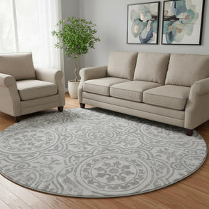 HomeRoots 8' Silver and Gray Medallion Round Rug - Stylish, Washable, UV-Protected for Homes with Kids & Pets 663710