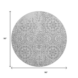 HomeRoots 8' Silver and Gray Medallion Round Rug - Stylish, Washable, UV-Protected for Homes with Kids & Pets 663710