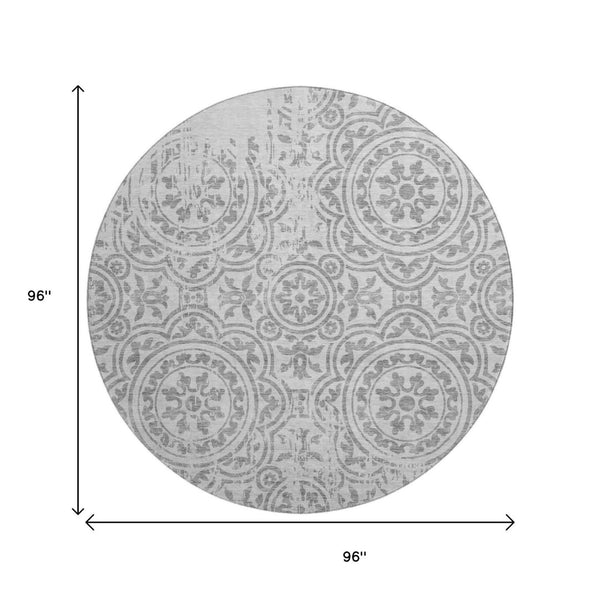 HomeRoots 8' Silver and Gray Medallion Round Rug - Stylish, Washable, UV-Protected for Homes with Kids & Pets 663710