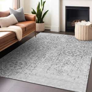 HomeRoots 9' X 12' Silver and Gray Medallion Washable Area Rug – Durable, UV-Protected, Easy-Care Elegance 663712