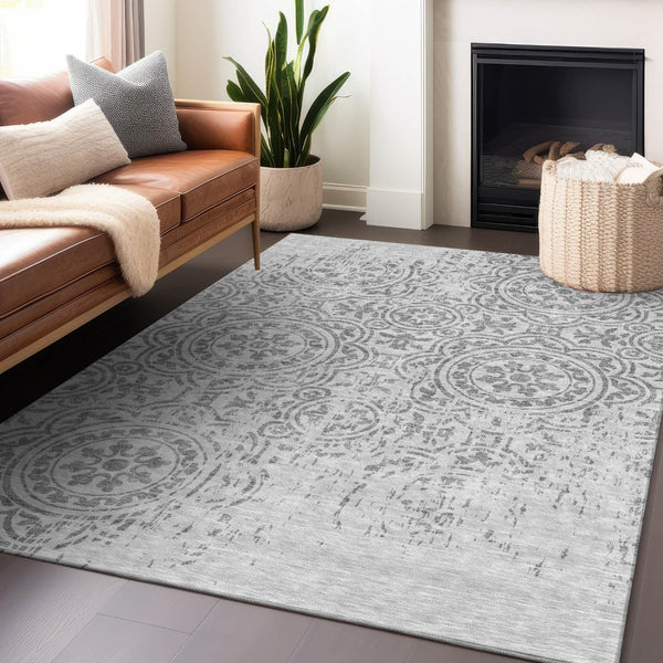 HomeRoots 9' X 12' Silver and Gray Medallion Washable Area Rug – Durable, UV-Protected, Easy-Care Elegance 663712