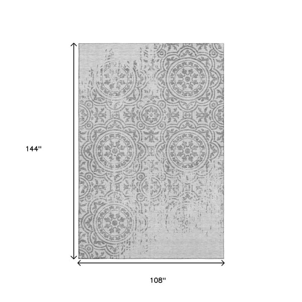 HomeRoots 9' X 12' Silver and Gray Medallion Washable Area Rug – Durable, UV-Protected, Easy-Care Elegance 663712