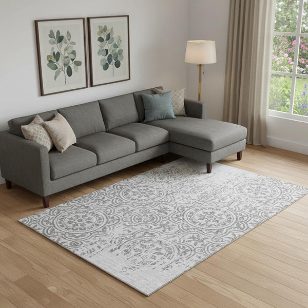 HomeRoots 10' X 14' Stylish Silver & Gray Medallion Washable Area Rug – UV Protected for Busy Homes! 663713