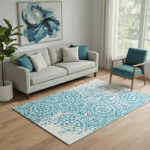 HomeRoots 5' X 8' Teal and Ivory Medallion Area Rug - Washable, UV Protected, Stain-Resistant, Easy Care! 663721