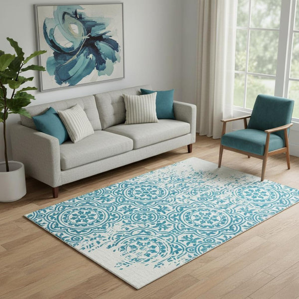 HomeRoots 5' X 8' Teal and Ivory Medallion Area Rug - Washable, UV Protected, Stain-Resistant, Easy Care! 663721