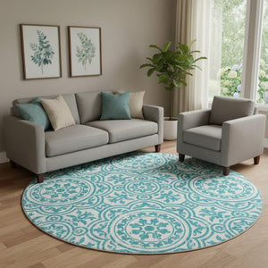 HomeRoots 8' Teal And Ivory Medallion Round Rug – Washable, UV Protected, Stain-Resistant, Stylish & Durable 663722