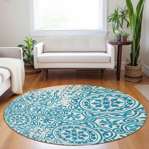 HomeRoots 8' Teal And Ivory Medallion Round Rug – Washable, UV Protected, Stain-Resistant, Stylish & Durable 663722
