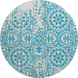 HomeRoots 8' Teal And Ivory Medallion Round Rug – Washable, UV Protected, Stain-Resistant, Stylish & Durable 663722